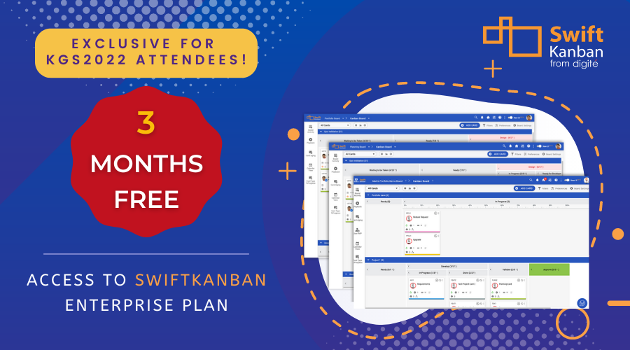 A blue graphic with software screenshots offers 3 months free of SwiftKanban.