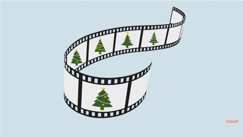 An illustration of filmstrip with Christmas trees in each frame on a light blue background.