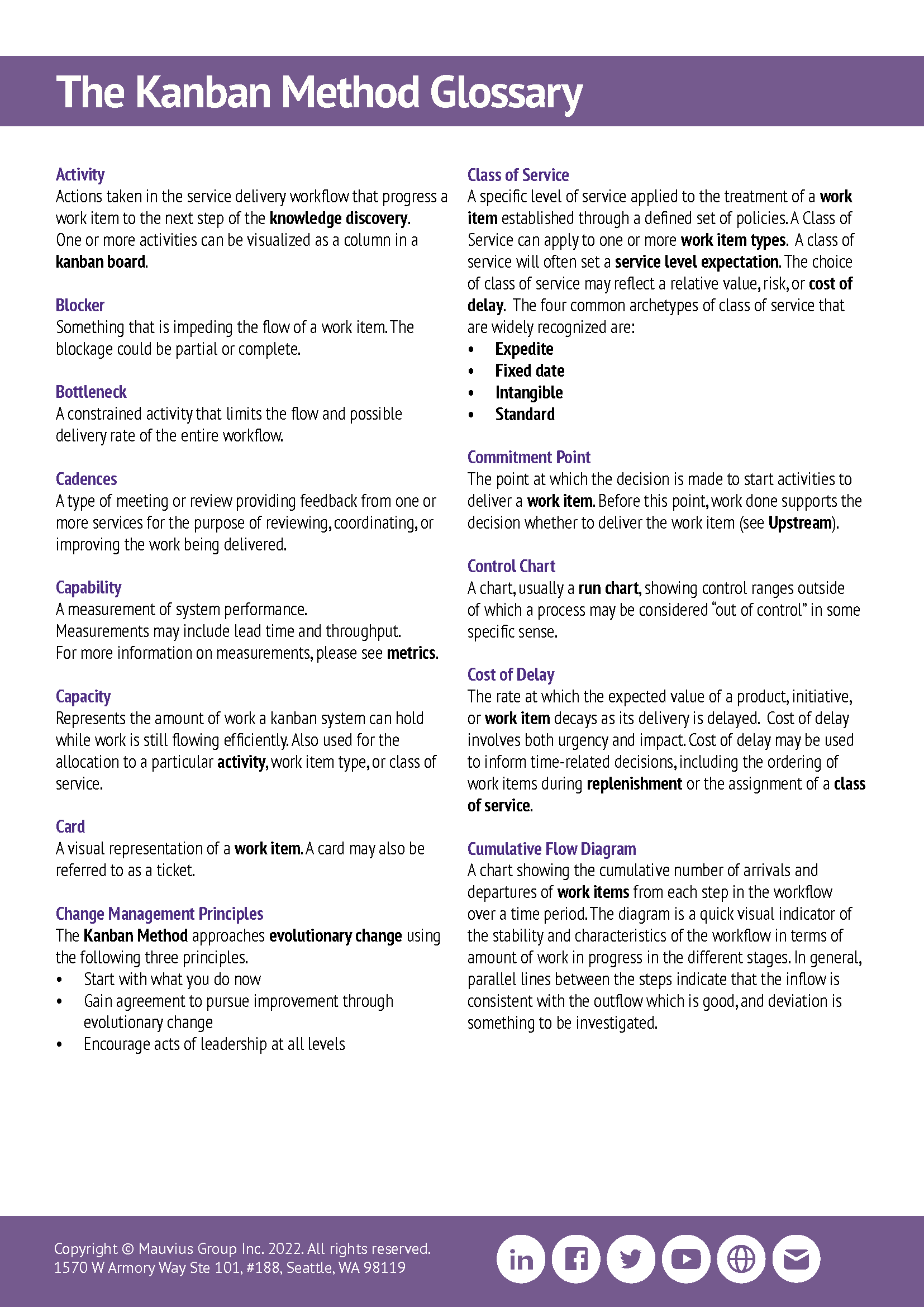 A sample page of Kanban terms and definitions from the Kanban Method Glossary.