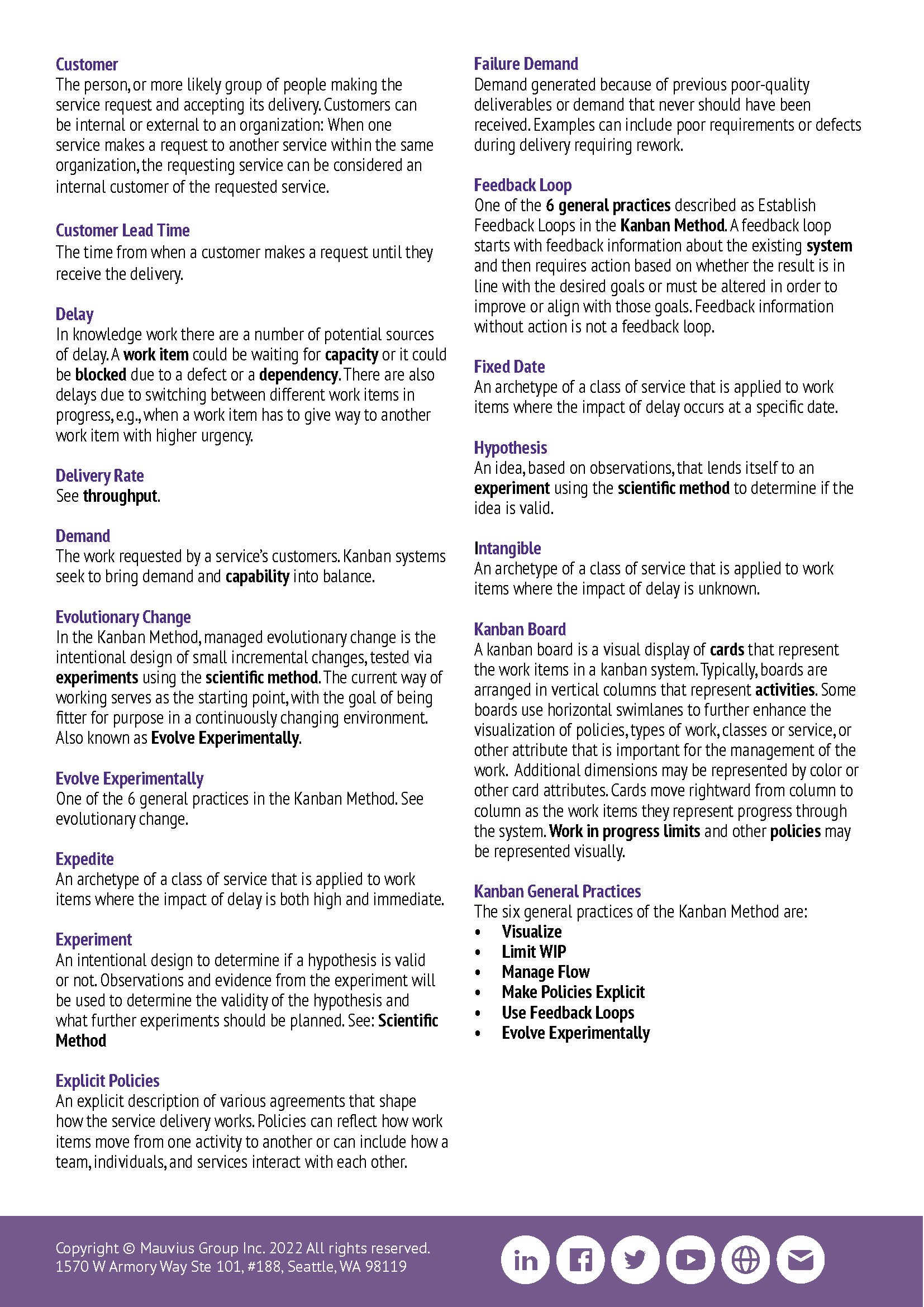 A sample page from The Kanban Method Glossary with Kanban terms and definitions.