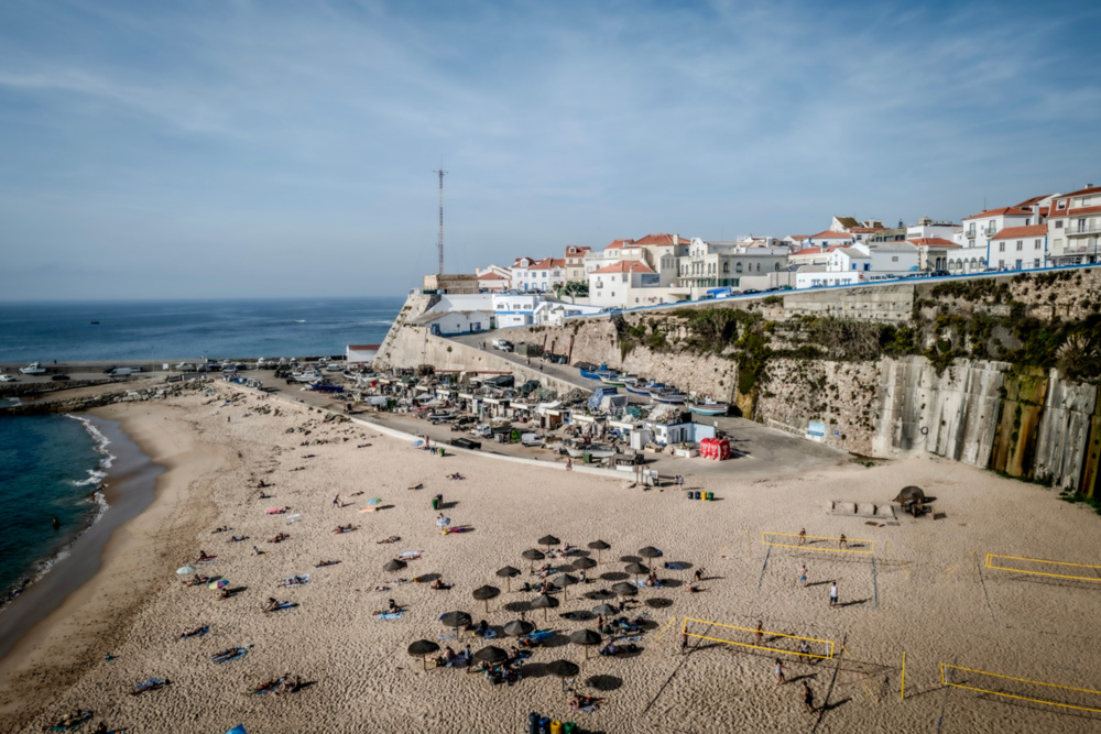 An aerial view of the beach and city of Ericeira, Portugal