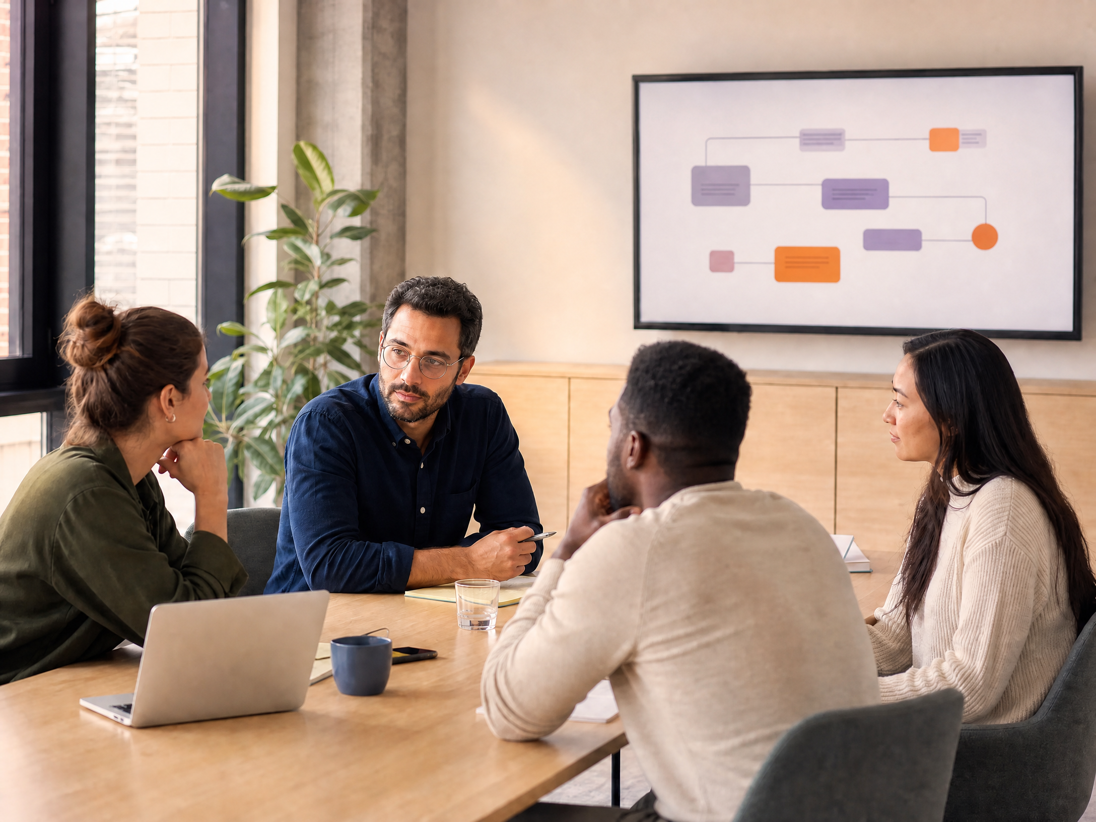 Facilitator leading a team discussion in a modern office