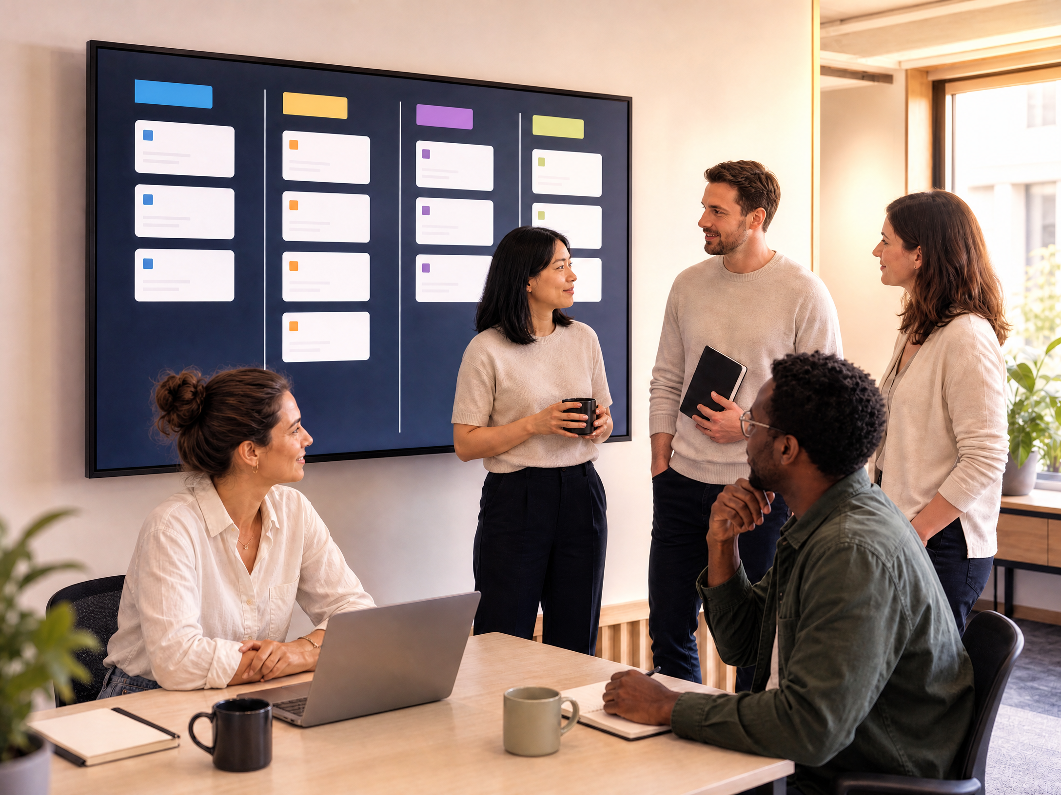 Team reviewing a digital Kanban board in a modern office