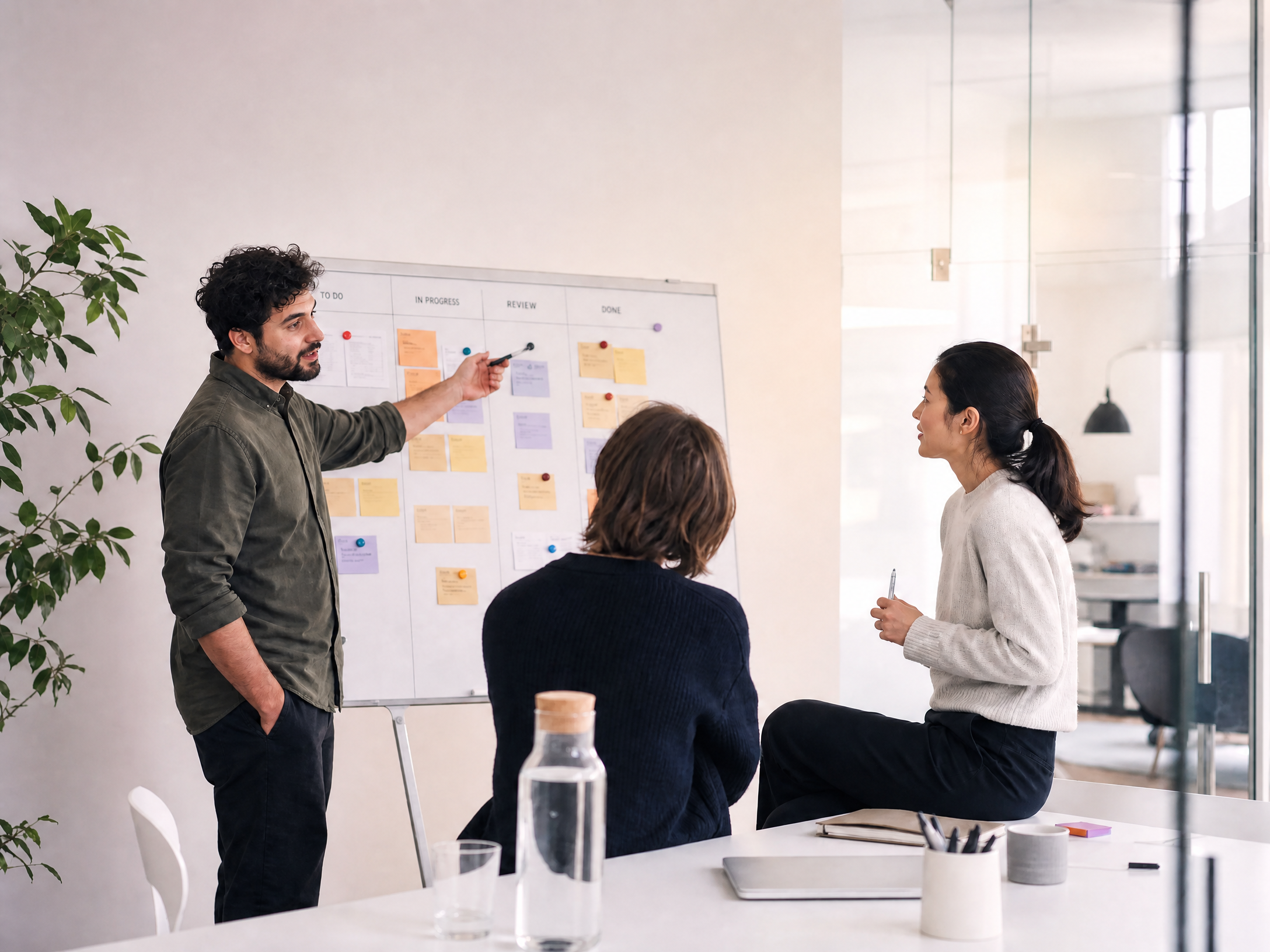 Small team discussing a Kanban board in a modern office
