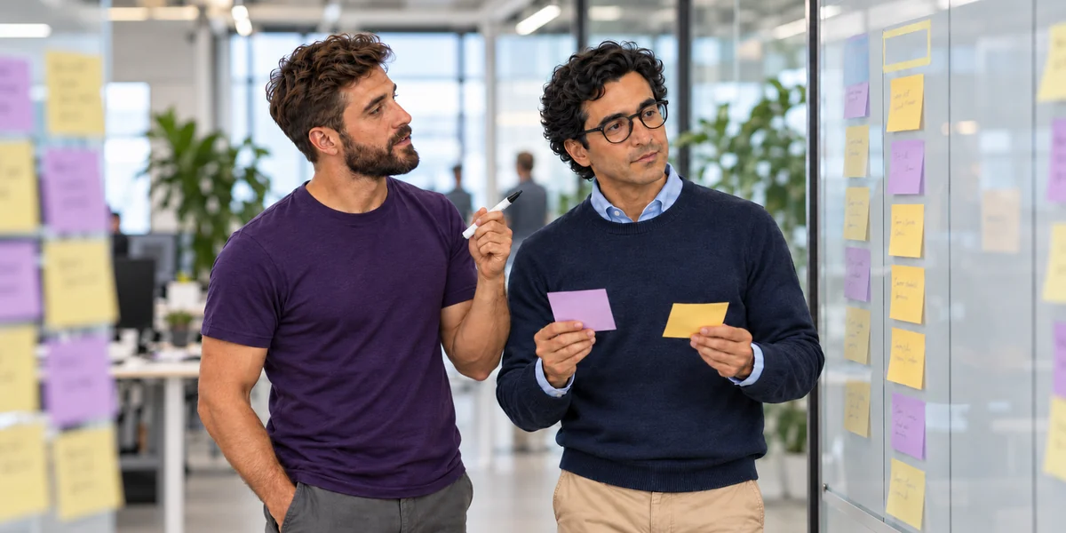 Two colleagues at a kanban board choosing which request to pull into a nearly full column