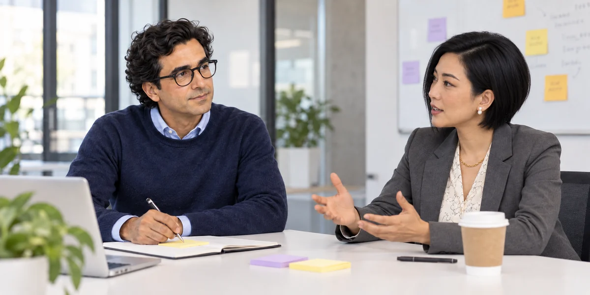 A service owner noting a customer request on a sticky note during a conversation