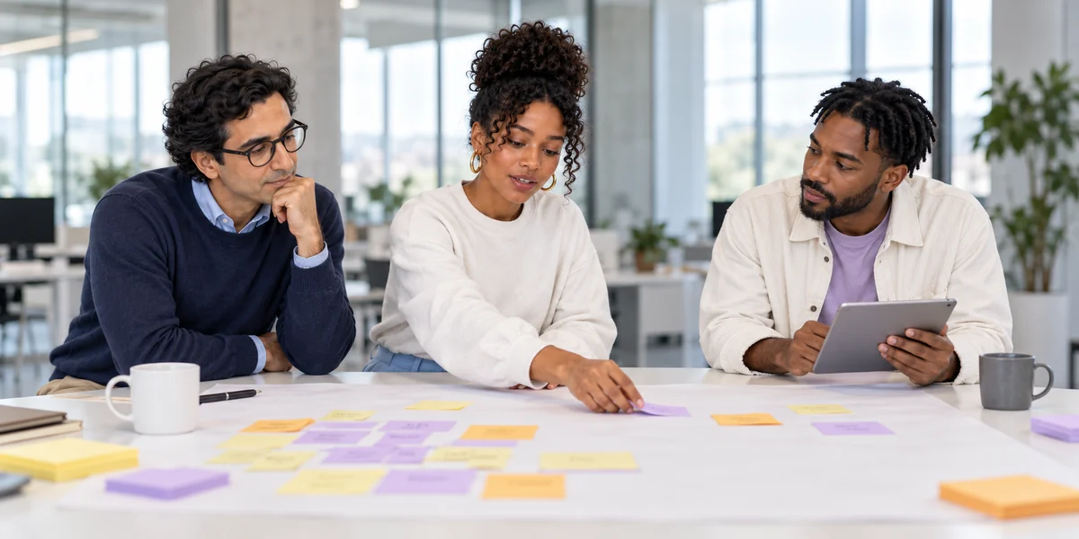 Three colleagues sorting early options on sticky notes at a table