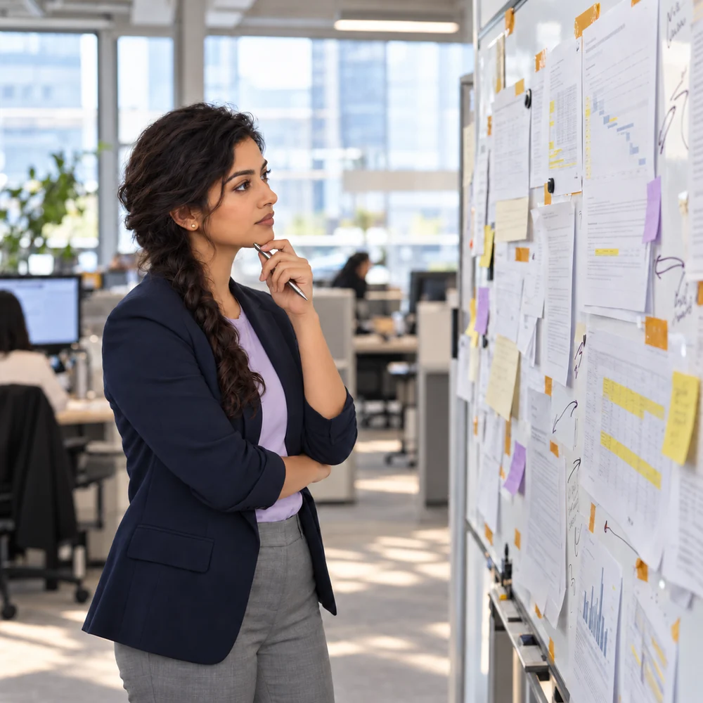 A portfolio lead studying a busy planning wall of project reports and sticky notes