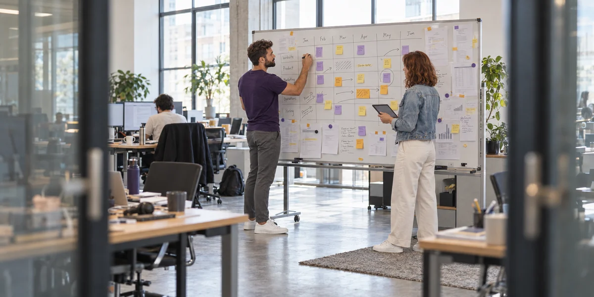 Two colleagues updating a project-by-month planning wall in an open office