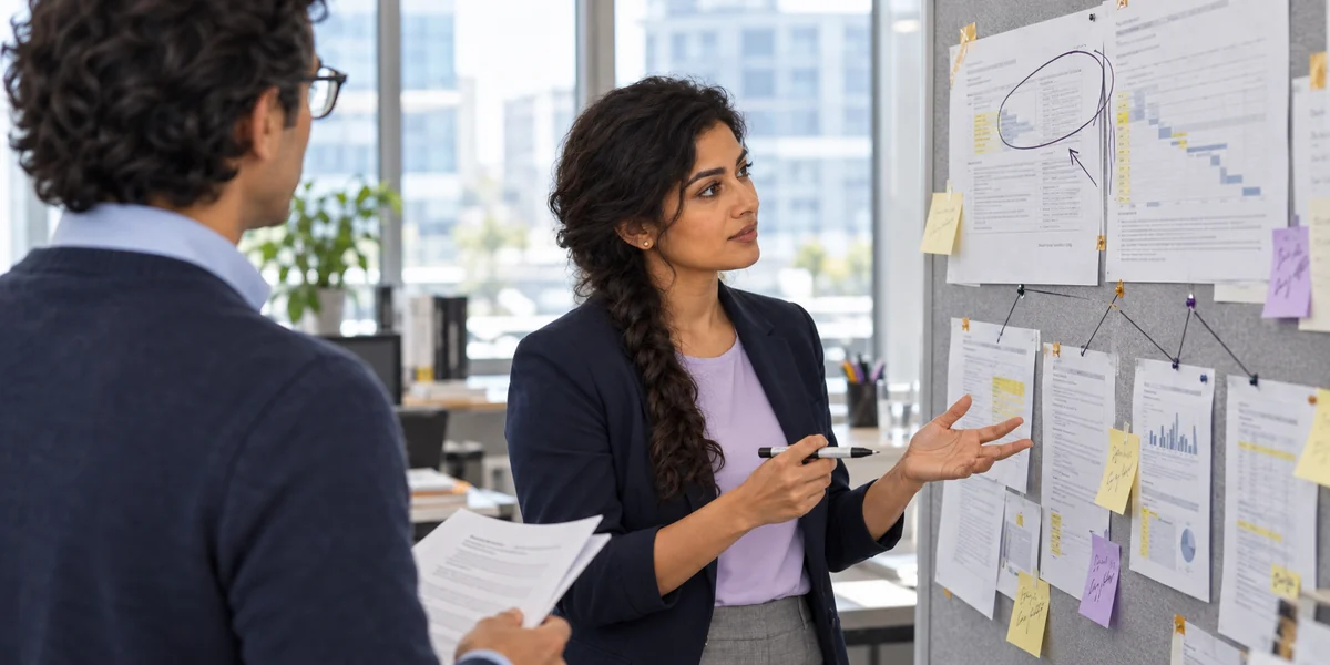 A portfolio lead explaining how project summaries connect to strategy on a pinboard