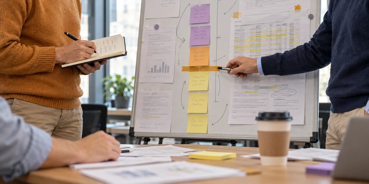 A team pointing at a capacity line on a whiteboard of sticky notes and reports